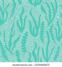 Seamless pattern with seaweed - hand drawn vector illustration. Flat color design.