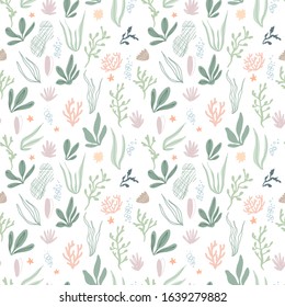  Padrão sem emenda com algas, animais marinhos e corais. Ilustração de vetor repetitivo bonito. Moda e elegante. Design de marca e embalagem, arte de parede moderna, fundo da web, tecido.
