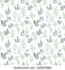  Seamless  pattern with seaweed, marine animals and corals . Cute  repeating vector illustration. Trendy and stylish. Branding and packaging design, modern wall art, web background, fabric.