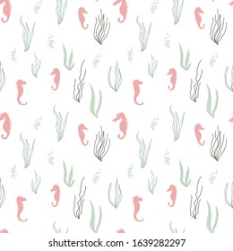 Seamless  pattern with seaweed, marine animals and corals, octopus, ses. Cute repeating vector illustration. Trendy and stylish. Branding and packaging design, modern wall art, web background, fabric.