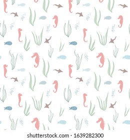 Seamless  pattern with seaweed, marine animals and corals, octopus, ses. Cute repeating vector illustration. Trendy and stylish. Branding and packaging design, modern wall art, web background, fabric.