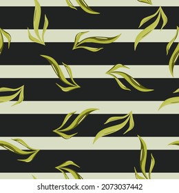 Seamless pattern seaweed on black green striped background. Marine flora templates for fabric. Design vector illustration. For seasonal textile prints, banners, backdrops and wallpapers.