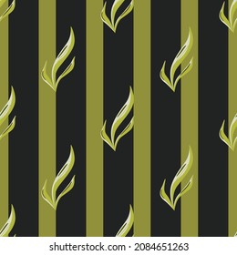 Seamless pattern seaweed on black green striped background. Marine flora templates for fabric. Design vector illustration. For seasonal textile prints, banners, backdrops and wallpapers.