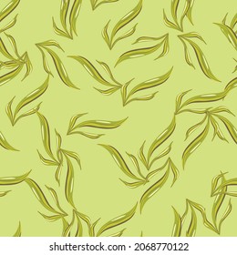Seamless pattern seaweed on kiwi green background. Marine flora templates for fabric. Design vector illustration. For seasonal textile prints, banners, backdrops and wallpapers.