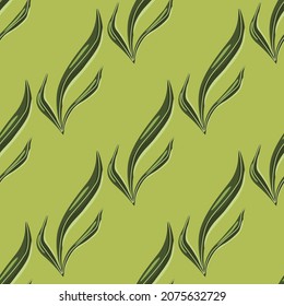 Seamless pattern seaweed on turtle green background. Marine flora templates for fabric. Design vector illustration. For seasonal textile prints, banners, backdrops and wallpapers.