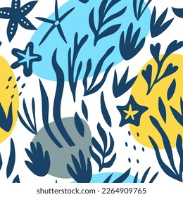 Seamless pattern with seaweed and sea stars. Vector illustration for fabric, packaging, textile, wallpaper, apparel.