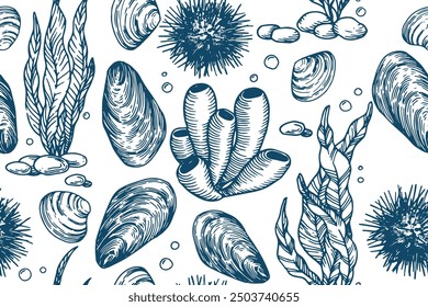 seamless pattern of seaweed and shells, illustration in sketch style. underwater life