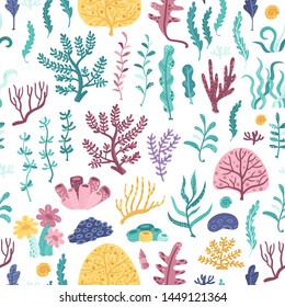 Seamless pattern with seaweeds and corals