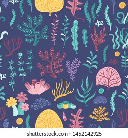 Seamless pattern with seaweeds and corals