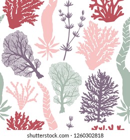 Seamless pattern with seaweeds and corals silhouettes. Vector background with underwater natural elements. Vintage sealife illustration. 
