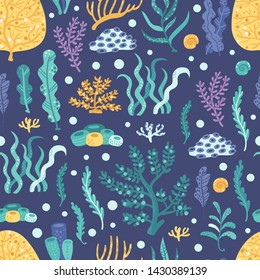 Seamless pattern with seaweeds and corals. Vector illustration for your design