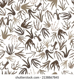 Seamless pattern with seaweeds on in brown and beige colors. Vector illustration for printing on fabric.