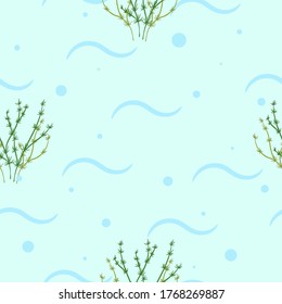Seamless pattern with seaweeds on light blue background. Vector hand drawn illustration of underwater sea life.
