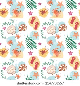 Patrón sin mar con algas y animales marinos. Ilustración vectorial para niños, vivero, ropa, textiles, papel tapiz.