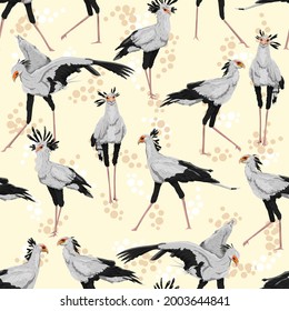 Seamless pattern with secretary birds Sagittarius serpentarius in different poses. Wild birds of Africa. Realistic vector animal