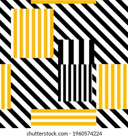 seamless pattern of sectors painted in black or yellow parallel stripes of different thicknesses, located at different angles for printing on fabric or clothing and pattern for interior