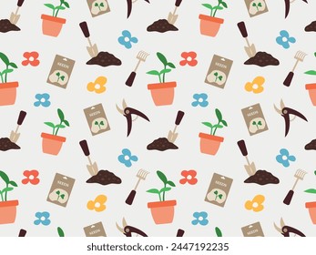 Seamless pattern with seedlings in a pot, pruning shears, a bag of seeds and a sprout. Vector illustration for print, wrapping paper, textile, wallpaper on a gray background.