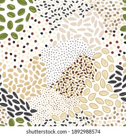 Seamless pattern of seeds. Kitchen, cooking print. Pumpkin and sunflower seeds, chia, flax, quinoa, mustard, hemp, pine nuts.  Organic food. Hand drawn cartoon vector illustration