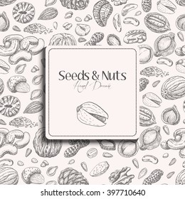 Seamless pattern with seeds and nuts on a white background. Vector  illustration for your design