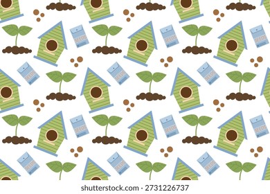 Patrón sin fisuras con semillas, plántulas y una pajarera. Serie de verano de ilustraciones planas. Herramientas para cultivar plantas, jardinería y horticultura.