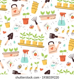 Seamless pattern with seeds and seedlings. Germination of sprouts. Tools and pots for planting. Vector illustration on white background