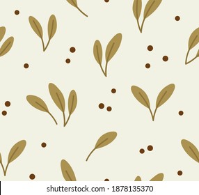 Seamless pattern of seeds and seedlings isolated on a beige background. Concept of healthy eating, springtime gardening, farming. Hand-drawn set in flat style.