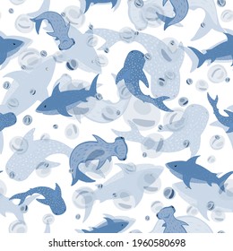 Seamless pattern see-through sharks on white background. Random print with Hammerhead, Whale, White shark and bubbles. Cute underwater animals for childish fabric. Vector illustration design.