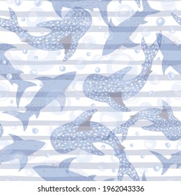 Seamless pattern see-through sharks on blue striped background. Cute print with Hammerhead, Whale, White shark and bubbles. Funny underwater animals for childish fabric. Vector illustration design.