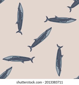 Seamless pattern sei whale on beige background. Template of cartoon character of ocean for fabric.Repeated random texture with marine cetacean.Design for any purposes.Vector illustration