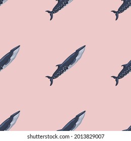 Seamless pattern sei whale on pink background. Template of cartoon character of ocean for fabric.Repeated geometric diagonal texture with marine cetacean.Design for any purposes.Vector illustration