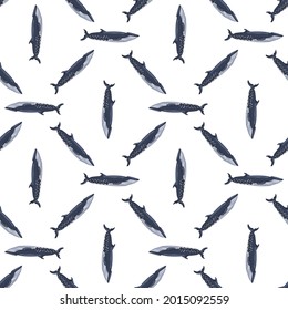 Seamless pattern sei whale on white background. Template of cartoon character of ocean for fabric.Repeated geometric diagonal texture with marine cetacean.Design for any purposes.Vector illustration