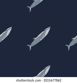 Seamless pattern sei whale on black background. Template of cartoon character of ocean for fabric.Repeated geometric diagonal texture with marine cetacean.Design for any purposes.Vector illustration