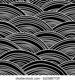 seamless pattern Seigaiha literally means wave of the sea. abstract doodle lines scales simple Nature background japanese circle Black white. Can be used for Gift wrap, fabrics, wallpapers. Vector