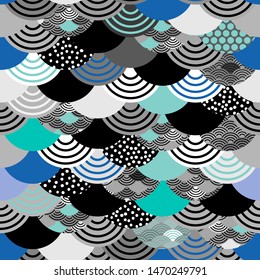 seamless pattern seigaiha scales simple Nature background with japanese wave circle Black gray white blue green colors. trend geometric print, trendy modern backdrop. Vector