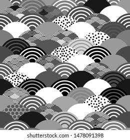 seamless pattern seigaiha scales simple background with japanese wave circle Black gray white. trend geometric print, trendy modern backdrop. Can be used for Gift wrap, fabrics, wallpapers. Vector
