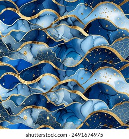 Seamless pattern of Seigaiha waves line alcohol ink, blue and gold 