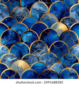 Seamless pattern of Seigaiha waves line alcohol ink, blue and gold vector