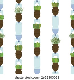 Patrón sin fisuras de macetas de botellas de plástico autoregables sobre fondo blanco. Hecho a mano y uso secundario de bricolaje. Huerto de Vertical, concepto de agricultura urbana. Ilustración vectorial dibujada a mano. 