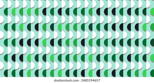 Nahtloses Muster von Halbkreisen, monoton grün und weiß, Schatten, Horizontale, Wellen. Vektorgrafik