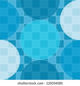 Seamless pattern of semi-transparent circles on top of checker board geometric in different shades  of blue, retro feel, graphic and bold, great for fabric, backgrounds and the likes.