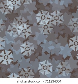 Seamless pattern. Semi-transparent colored stylized snowflakes arranged in random order. A festive winter background and Christmas camouflage.