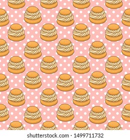 Seamless pattern with Semla (Samlor) is a traditional sweet bun from Scandinavia, on a pink background. Excellent design for menu, brochures, poster, packaging, wrapping paper etc.