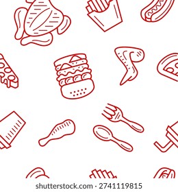 Seamless Pattern Seni Garis Bertema Restaurant dan Makanan Cepat Saji