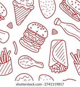 Seamless Pattern Seni Garis Bertema Restaurant dan Makanan Cepat Saji