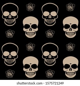 Seamless pattern with sepia coloured skulls and roses on black background. Repetitive vector illustration. EPS 10.