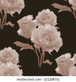 Seamless pattern with sepia roses on dark brown background..Vector illustration.