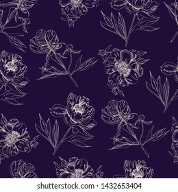 Seamless pattern  with sepia silhouettes of flowers of peony. Hand drawn ink and inverted sketch. Objects  on dark blue  background.Vector illustration.