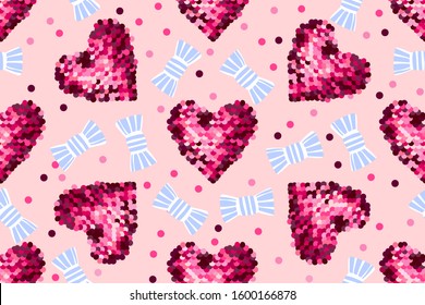 seamless pattern with sequin heart and bows. Cute vector background. Creative artwork.