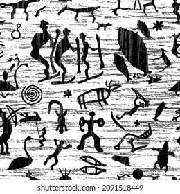 Seamless pattern. A series of petroglyphs, cave drawings, vector design.