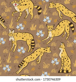Seamless pattern with servals in the savannah. Vector graphics.
